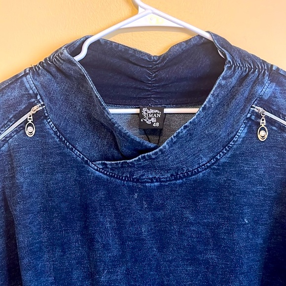 L/M Blue Denim Jeans Top Zippers on Shoulders 2 Front Pockets 65% Cotton Cute - Picture 3 of 14